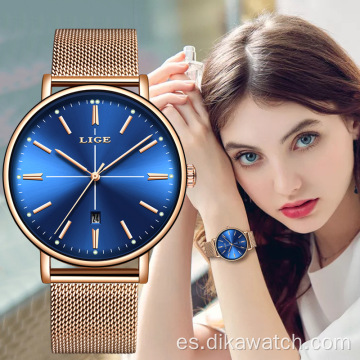 Relojes de cuarzo para mujer de la mejor marca LIGE con malla de oro rosa, banda de acero inoxidable, vestido con encanto, reloj de pulsera para mujer, reloj de lujo 9922